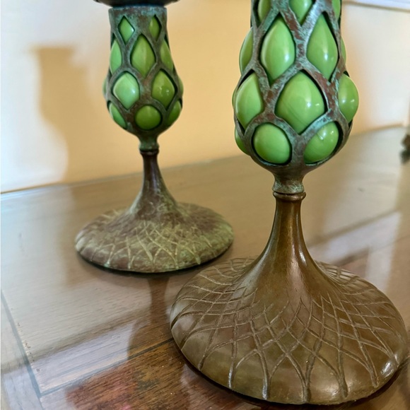 Art Nouveau Green and Brass Candlesticks - Picture 5 of 7